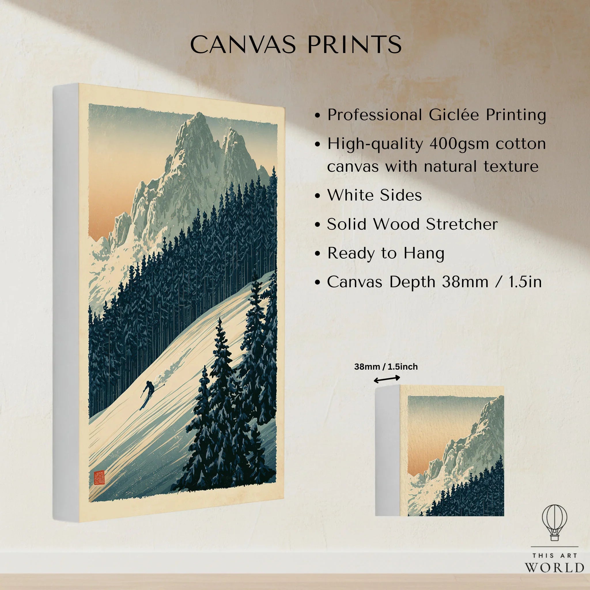 Alpine Ski Poster – Vintage Mountain Forest Wall Art — canvas print stretched cotton canvas details