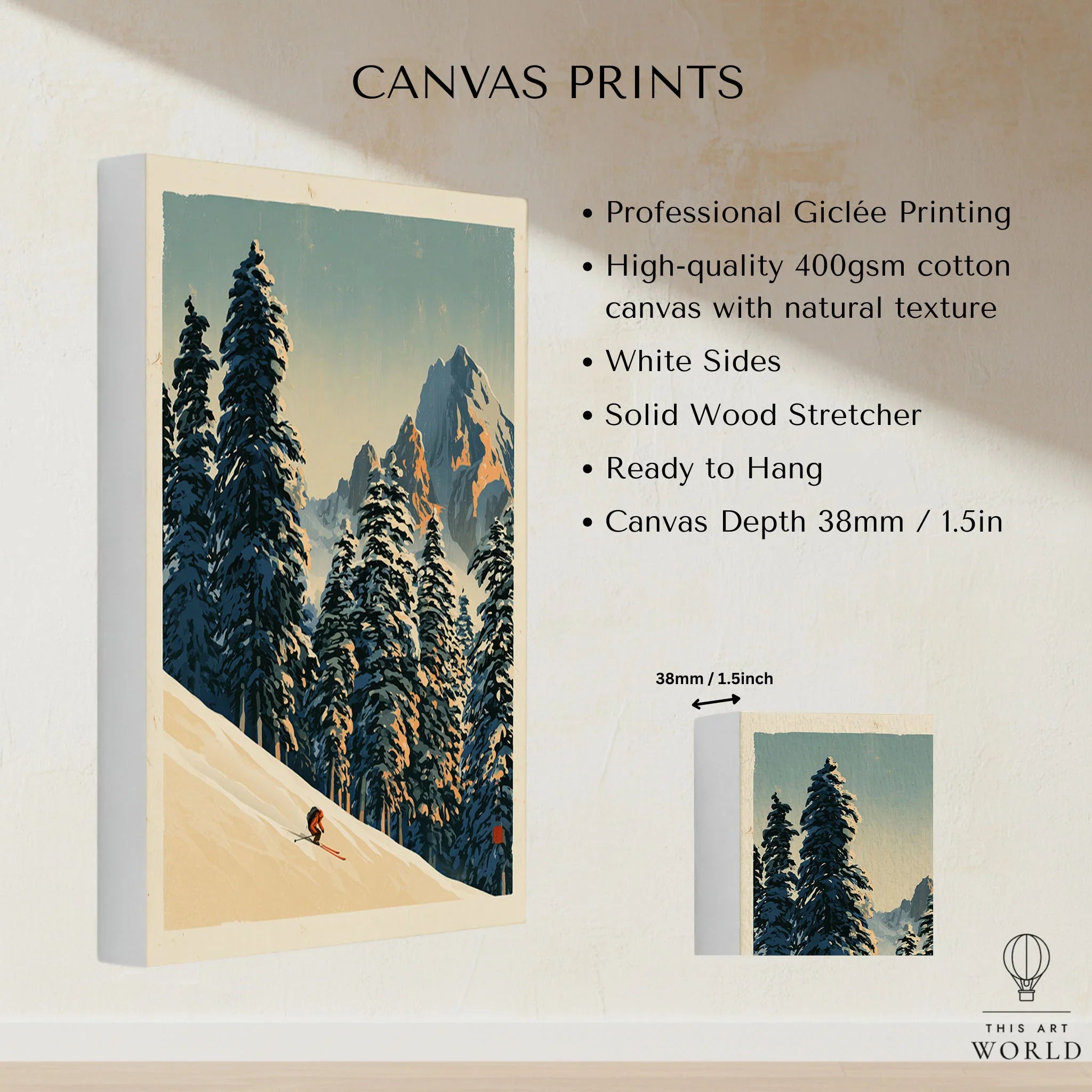 Ski Run Art Print – Vintage Alpine Forest Wall Art — canvas print stretched cotton canvas details