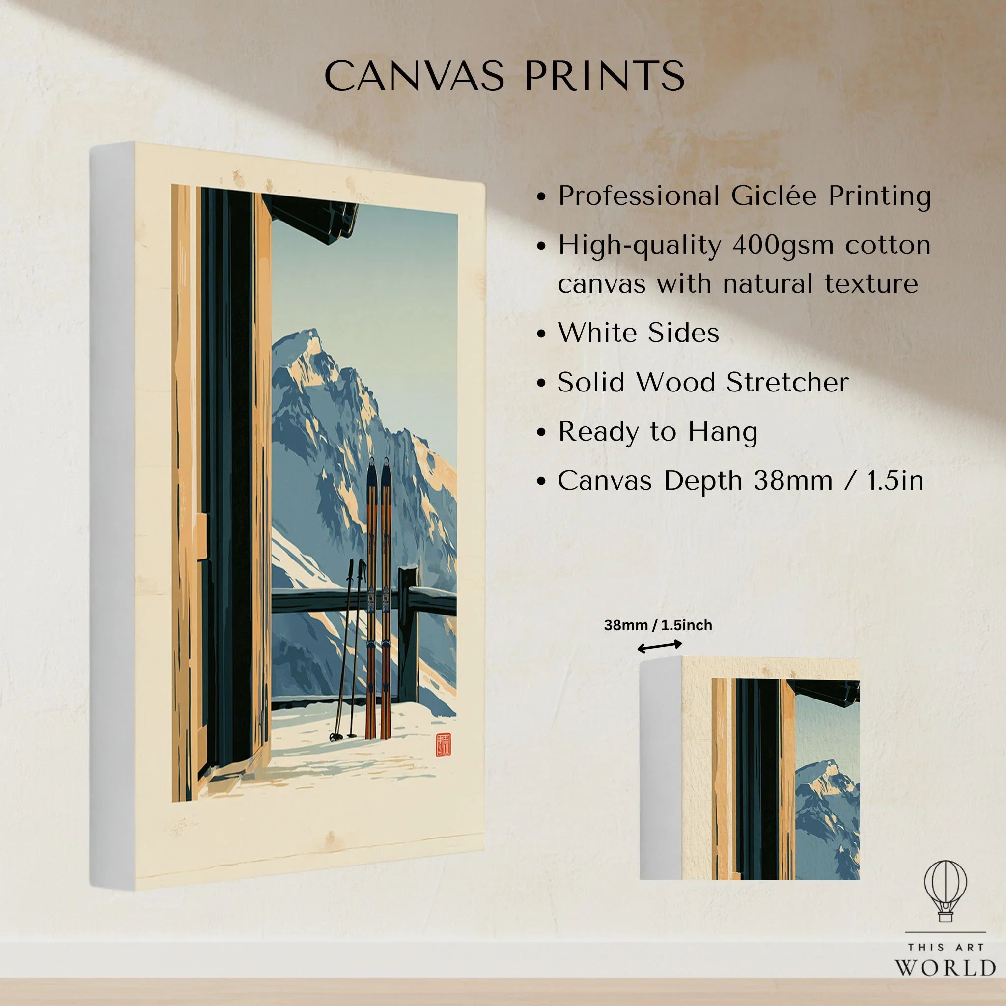 Chalet Ski Poster – Vintage Alpine Balcony Wall Art — canvas print stretched cotton canvas details