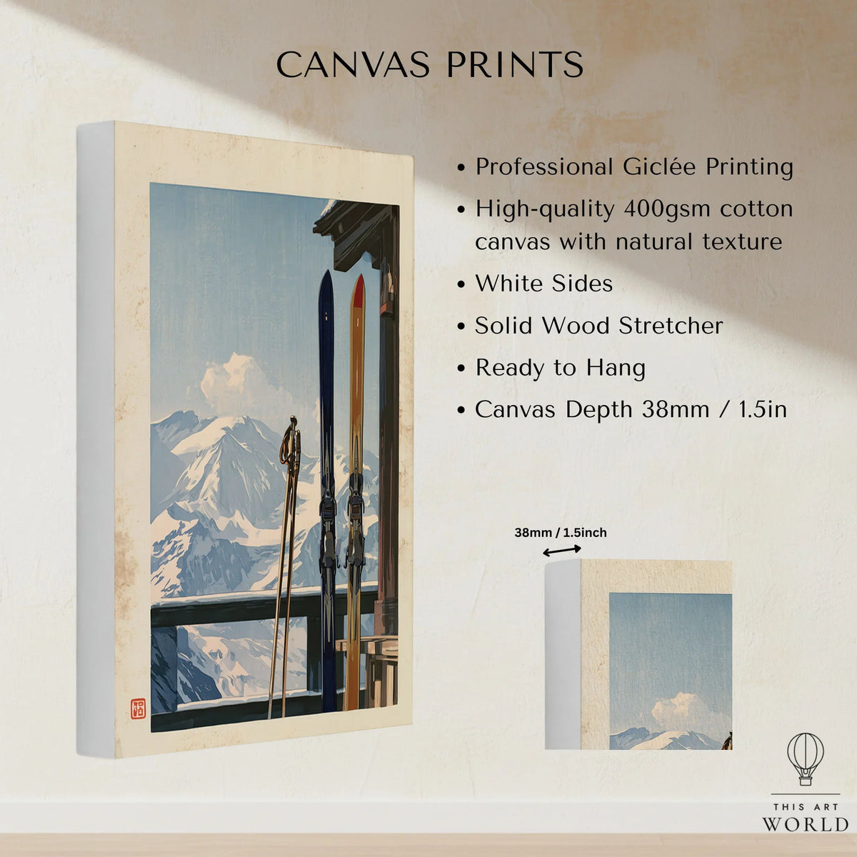 Vintage Skis Art Print – Alpine Chalet Balcony Wall Art — canvas print stretched cotton canvas details