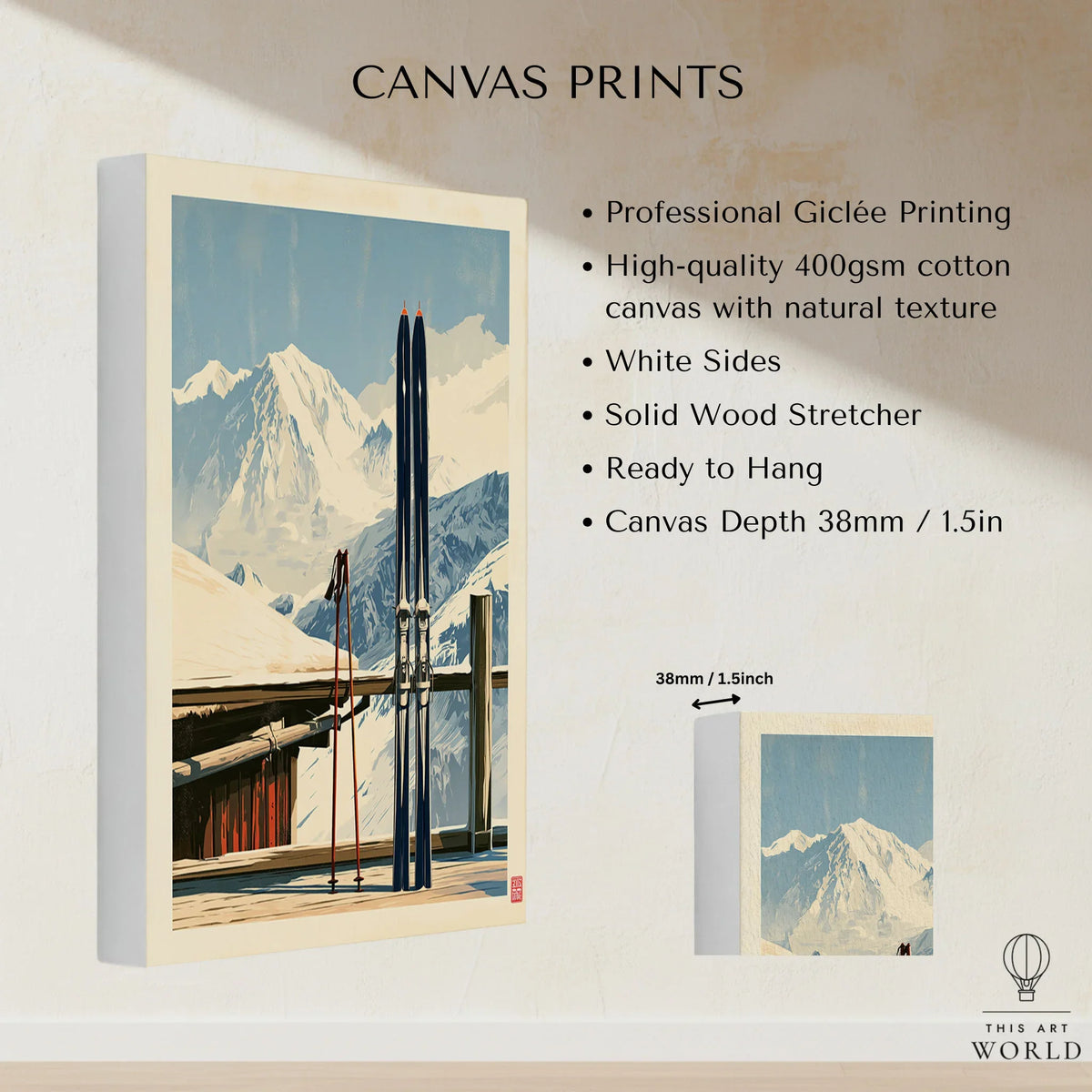 Retro Ski Poster – Vintage Skis Alpine Wall Art — canvas print stretched cotton canvas details