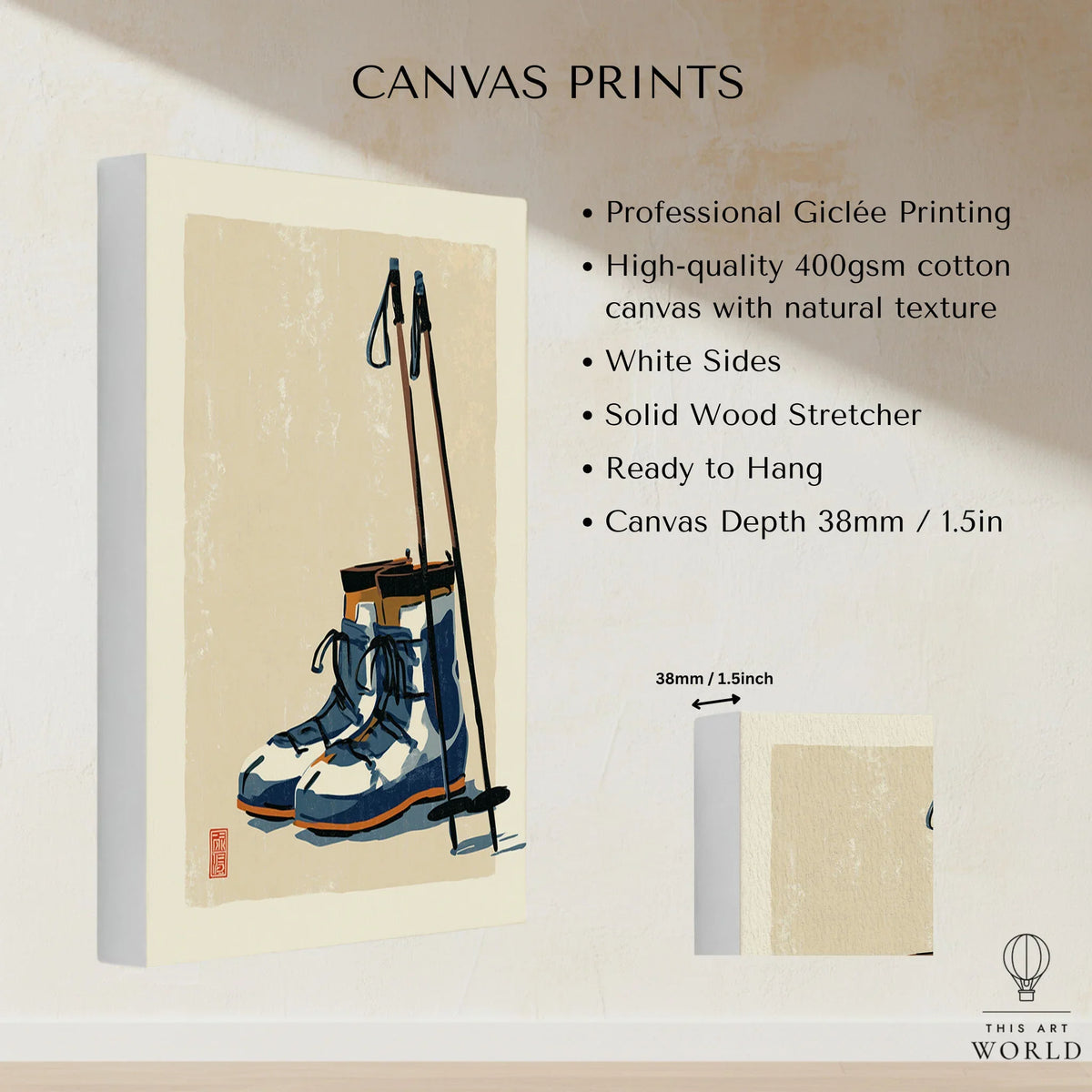 Vintage Ski Boots Art Print – Retro Ski Poster Wall Art — canvas print stretched cotton canvas details