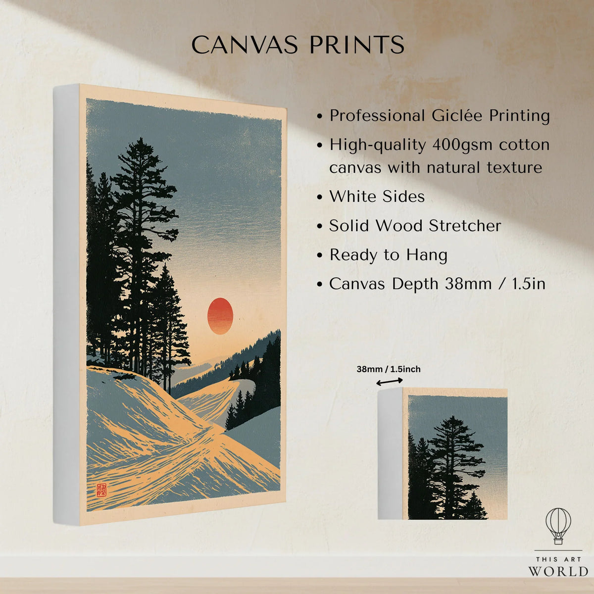Ski Sunset Poster – Vintage Japanese Alpine Wall Art — canvas print stretched cotton canvas details