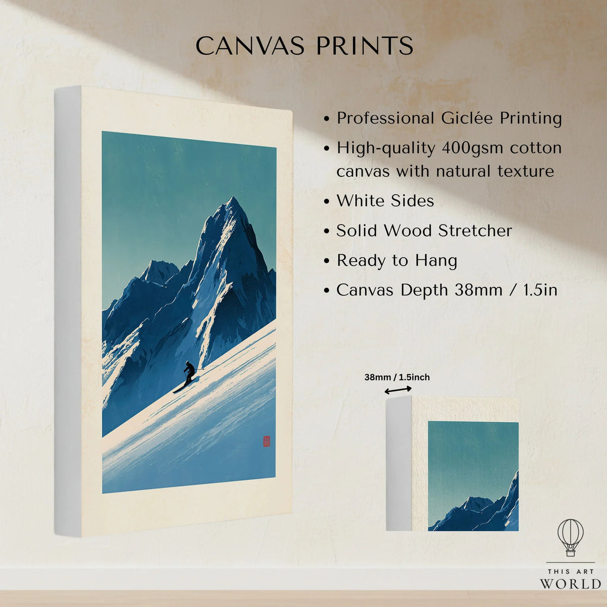 Ski Poster – Vintage Japanese Alpine Skiing Wall Art — canvas print stretched cotton canvas details