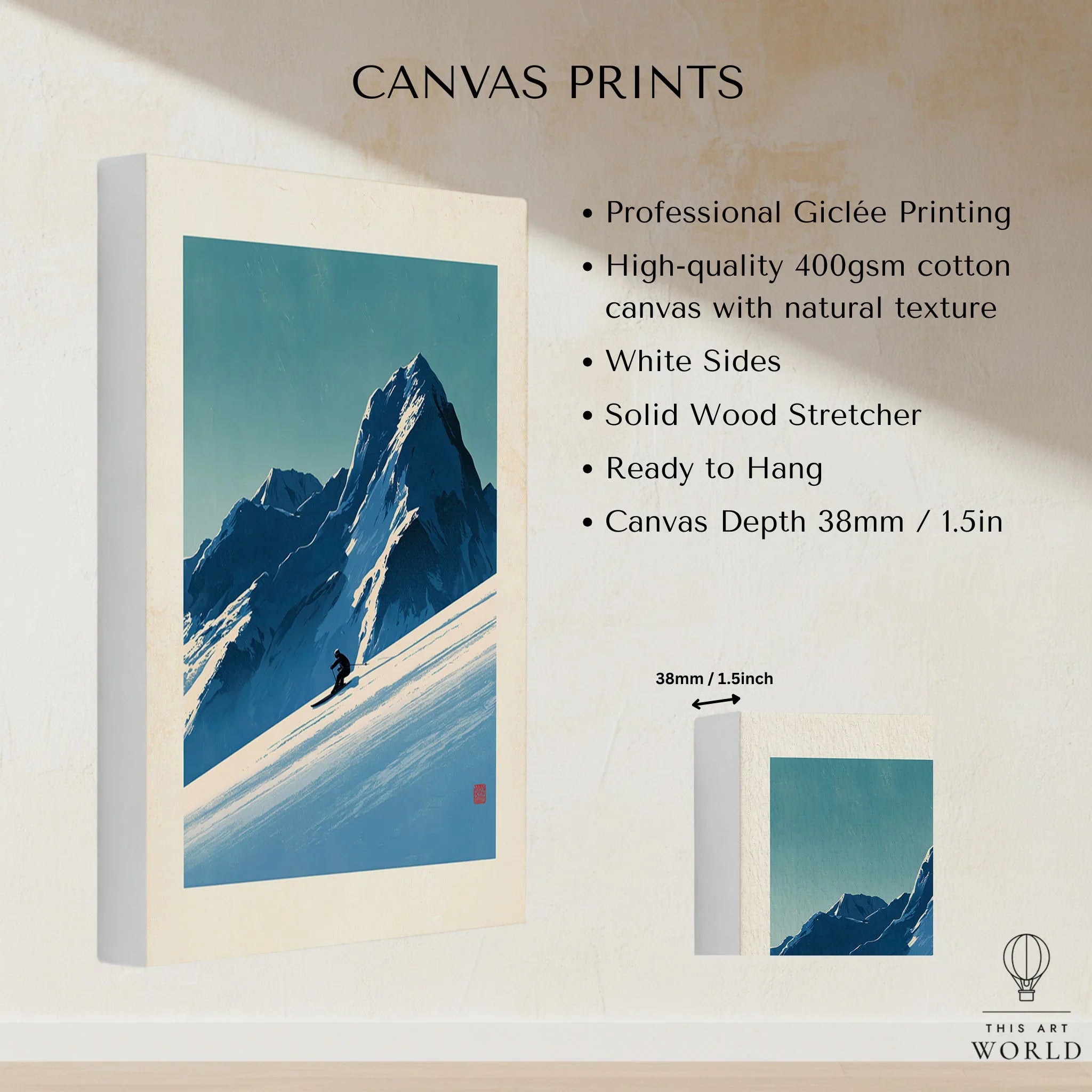 Ski Poster – Vintage Japanese Alpine Skiing Wall Art — canvas print stretched cotton canvas details