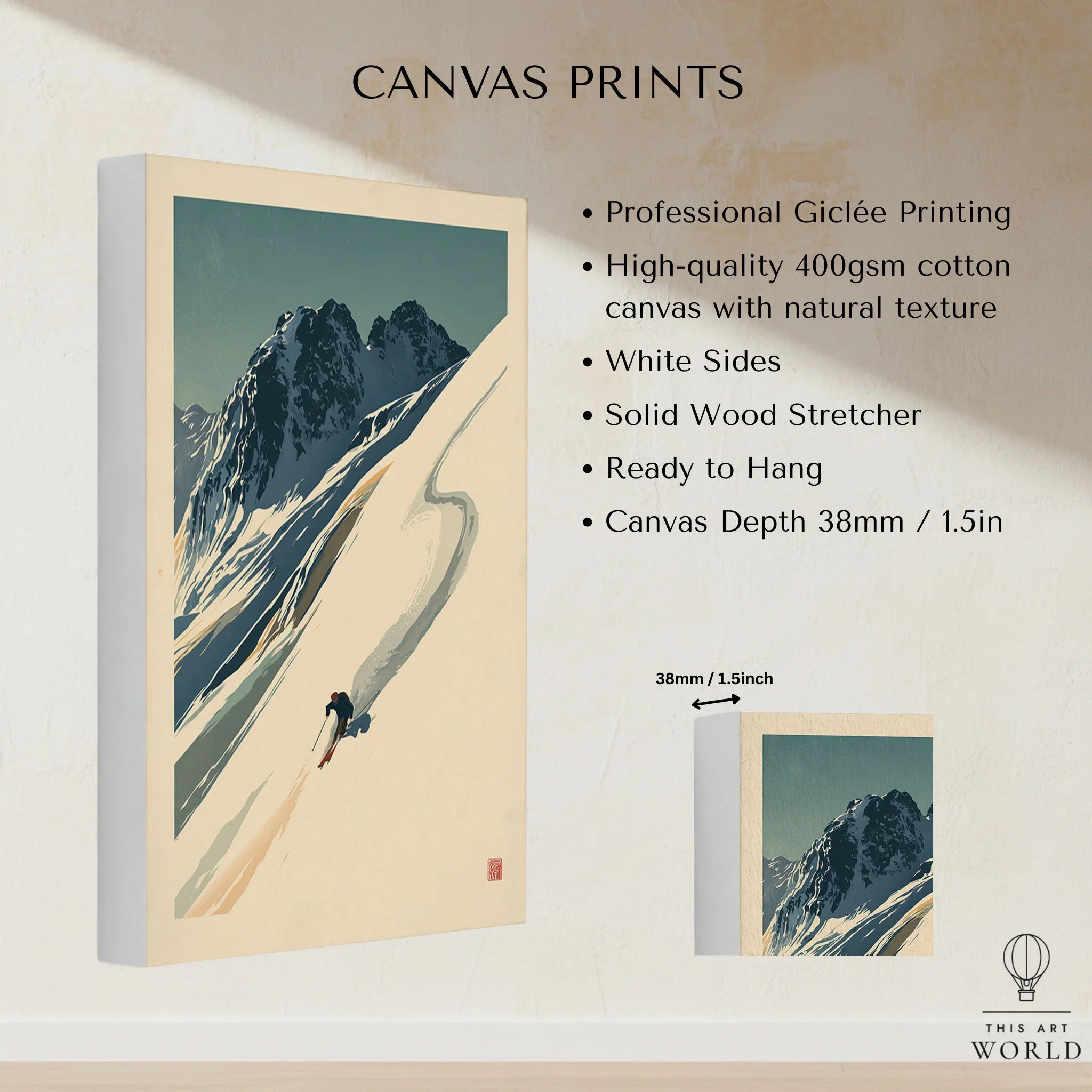 Downhill Skier Art Print – Vintage Ski Poster Wall Art — canvas print stretched cotton canvas details