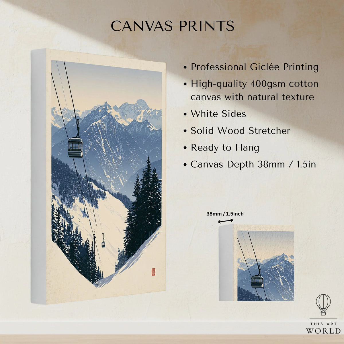 Ski Gondola Poster – Vintage Alpine Cable Car Wall Art — canvas print stretched cotton canvas details
