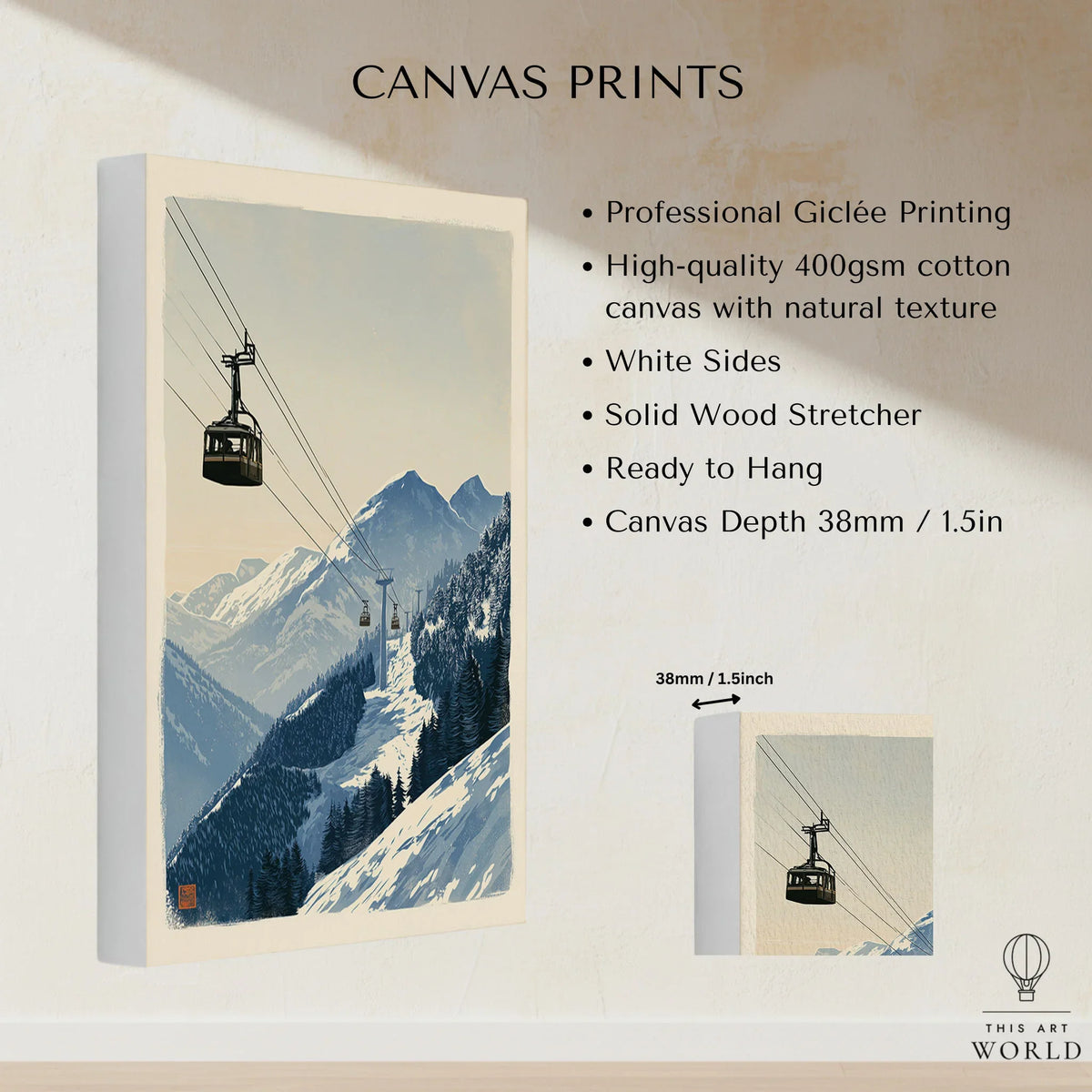 Ski Lift Art Print – Vintage Alpine Gondola Wall Art — canvas print stretched cotton canvas details