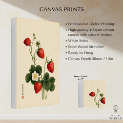 Strawberry Art Print – Vintage Japanese Botanical Wall Art — canvas print stretched cotton canvas details