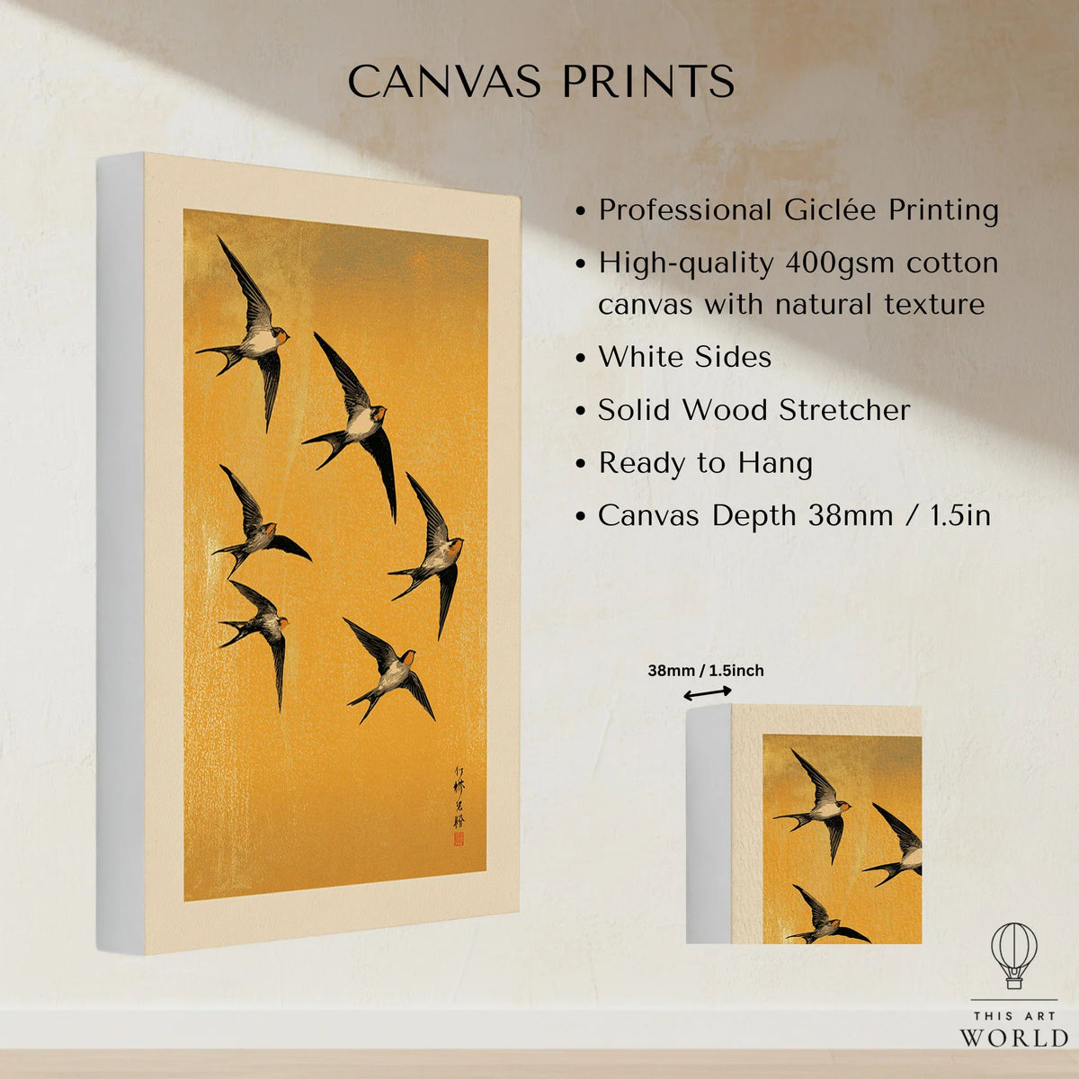 Swallows Art Print – Gold Japanese Bird Wall Art — canvas print stretched cotton canvas details