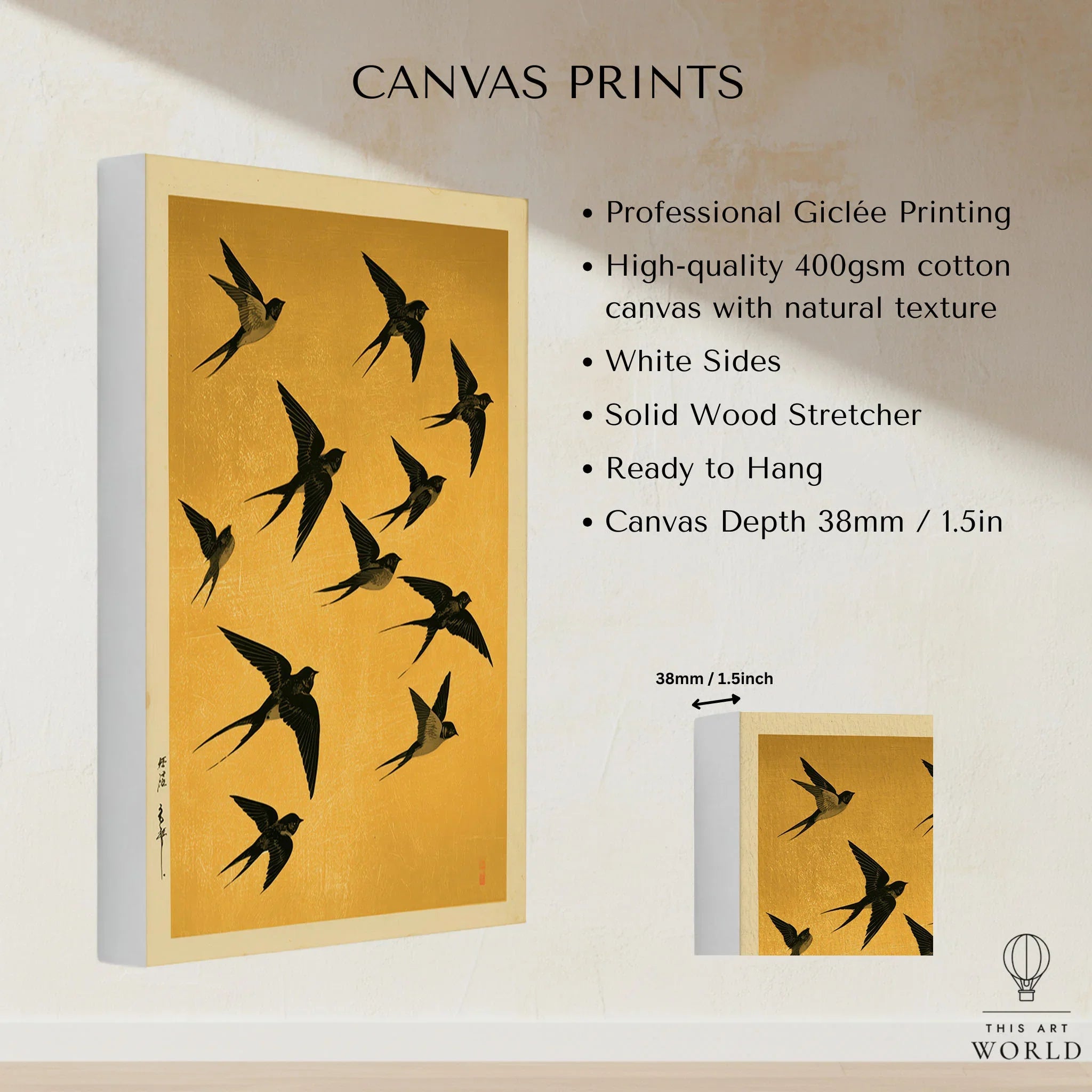Flying Swallows Wall Art – Vintage Japanese Gold Print — canvas print stretched cotton canvas details