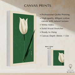 White Tulip Art Print – Green Japanese Botanical Wall Art — canvas print stretched cotton canvas details