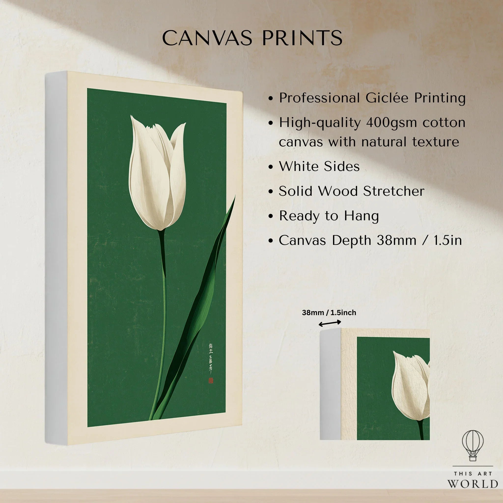 White Tulip Art Print – Green Japanese Botanical Wall Art — canvas print stretched cotton canvas details