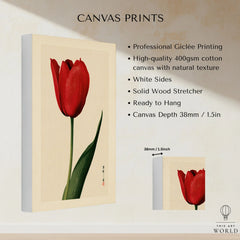 Red Tulip Art Print – Vintage Japanese Botanical Wall Art — canvas print stretched cotton canvas details