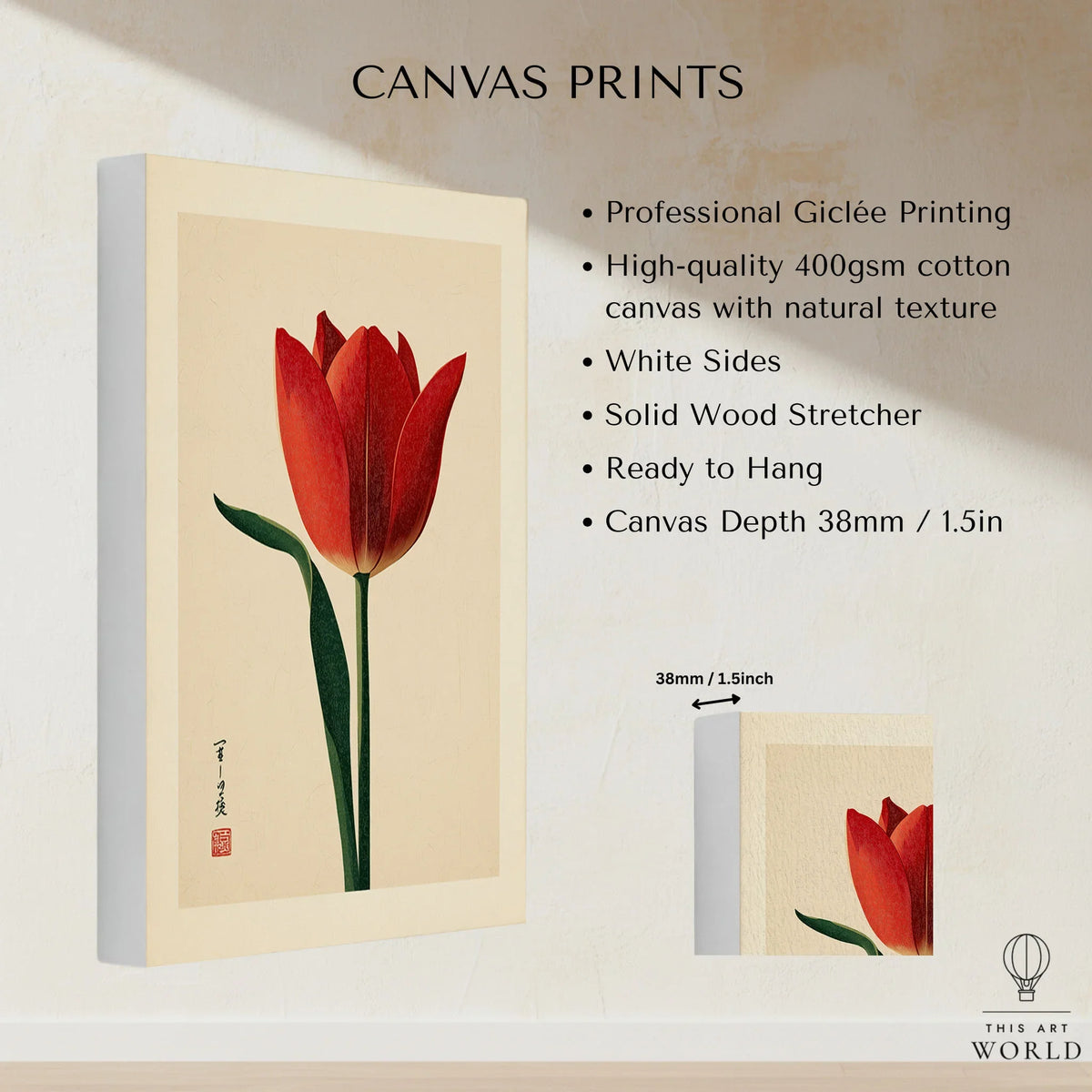 Deep Red Tulip Wall Art – Japanese Botanical Print — canvas print stretched cotton canvas details