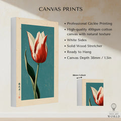 Striped Tulip Art Print – Blue Japanese Botanical Wall Art — canvas print stretched cotton canvas details
