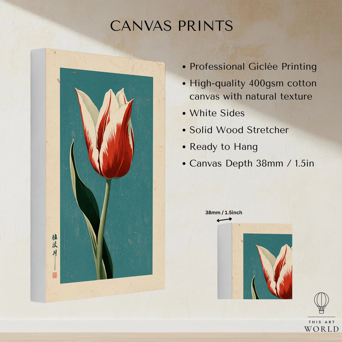 Striped Tulip Art Print – Blue Japanese Botanical Wall Art — canvas print stretched cotton canvas details