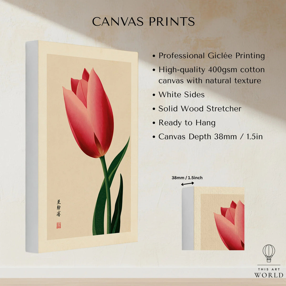 Pink Tulip Art Print – Japanese Botanical Wall Art — canvas print stretched cotton canvas details