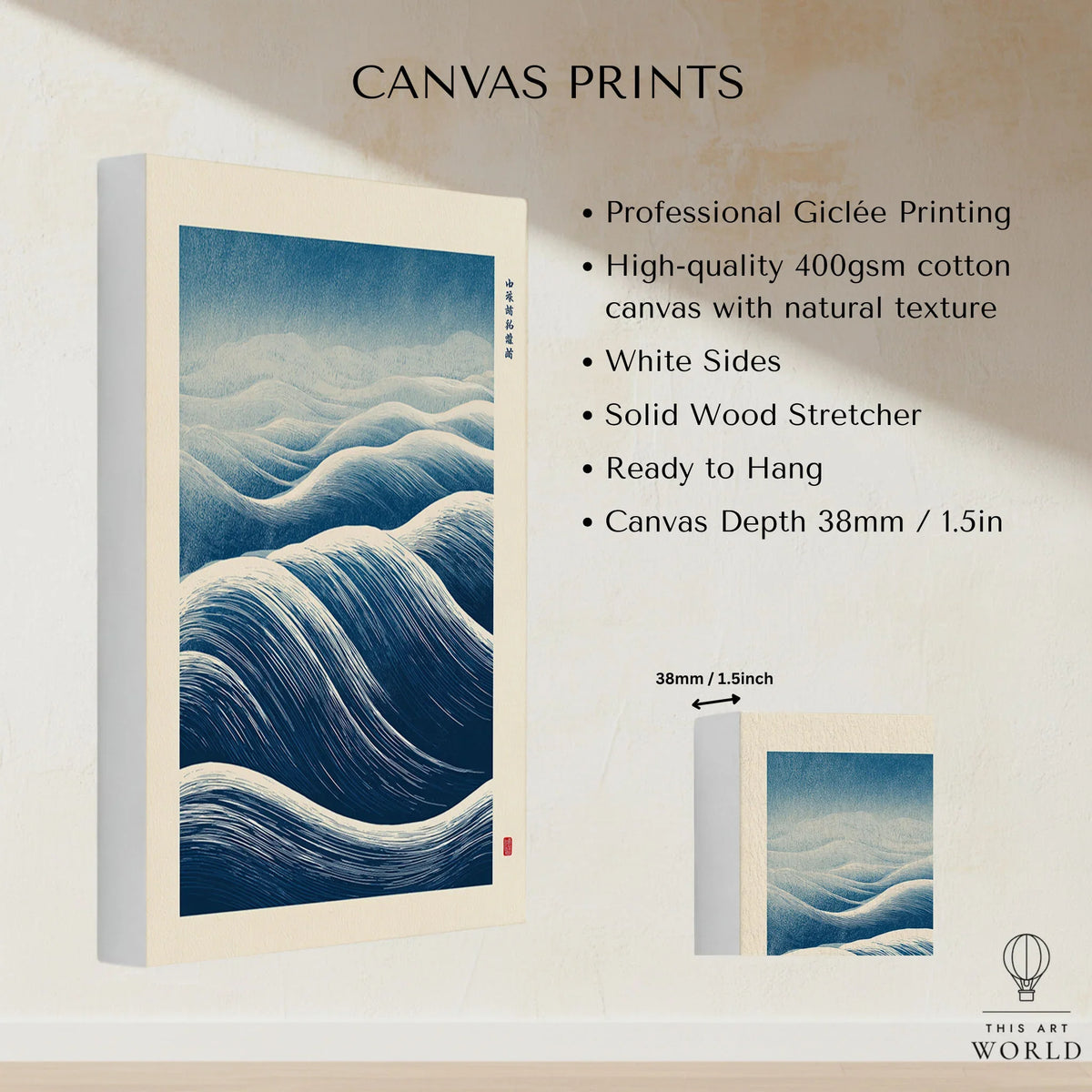 Ocean Wave Art Print – Blue Japanese Woodblock Wall Art — canvas print stretched cotton canvas details