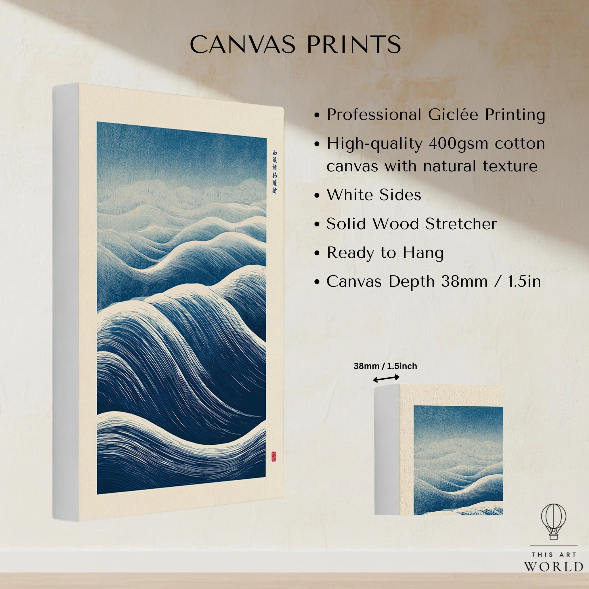 Ocean Wave Art Print – Blue Japanese Woodblock Wall Art — canvas print stretched cotton canvas details