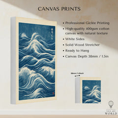 Japanese Waves Wall Art – Vintage Blue Ocean Print — canvas print stretched cotton canvas details
