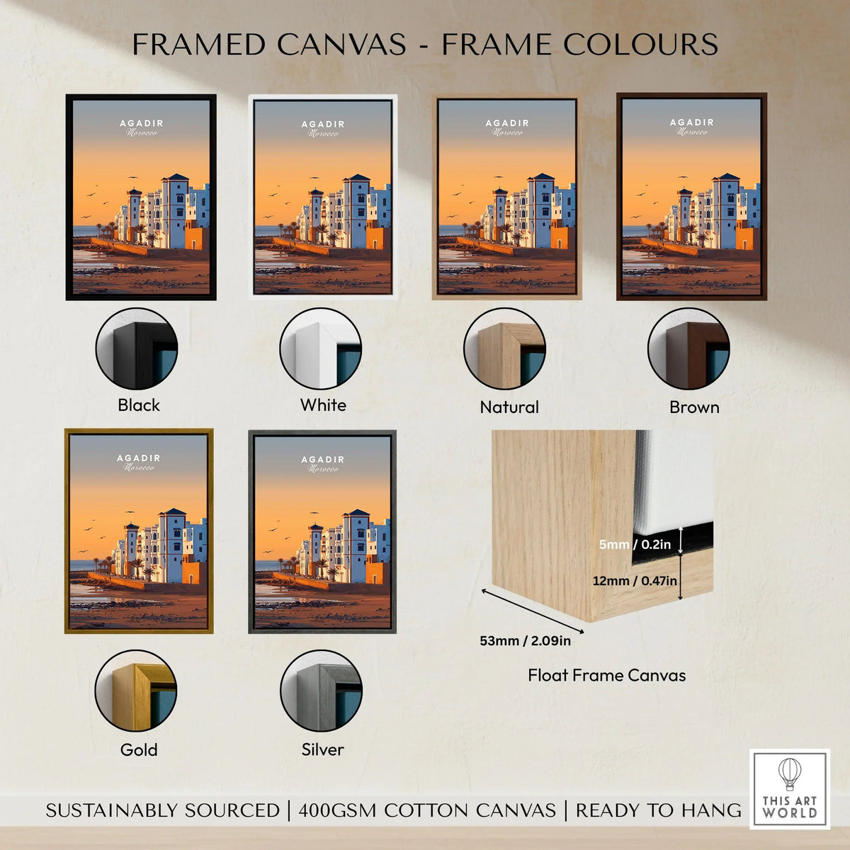 Agadir Travel Poster – Morocco Beach Print framed canvas float frame colour options: black, white, natural, brown, gold and silver
