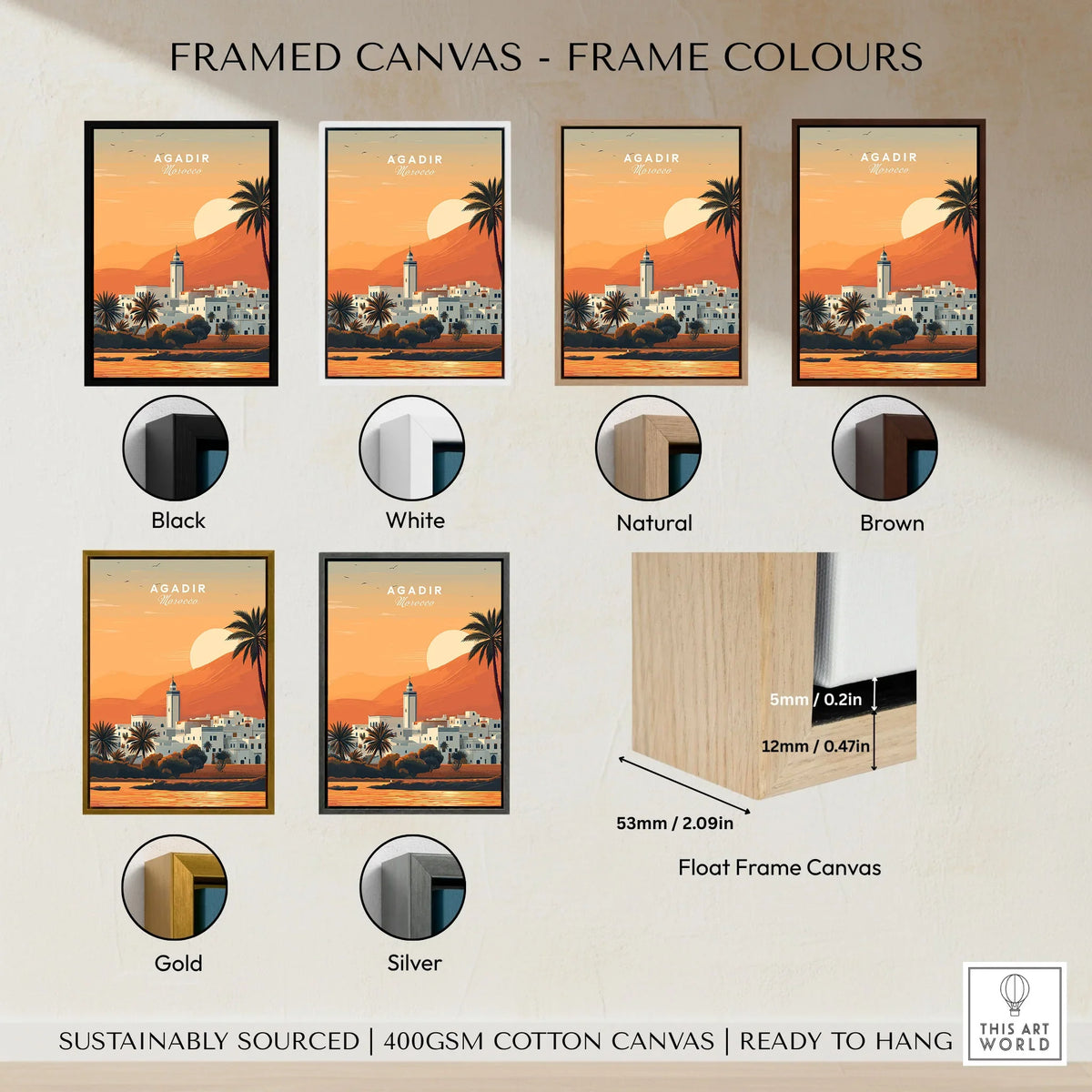 Agadir Travel Poster – Moroccan Mosque and Desert Sunset Art framed canvas float frame colour options: black, white, natural, brown, gold and silver