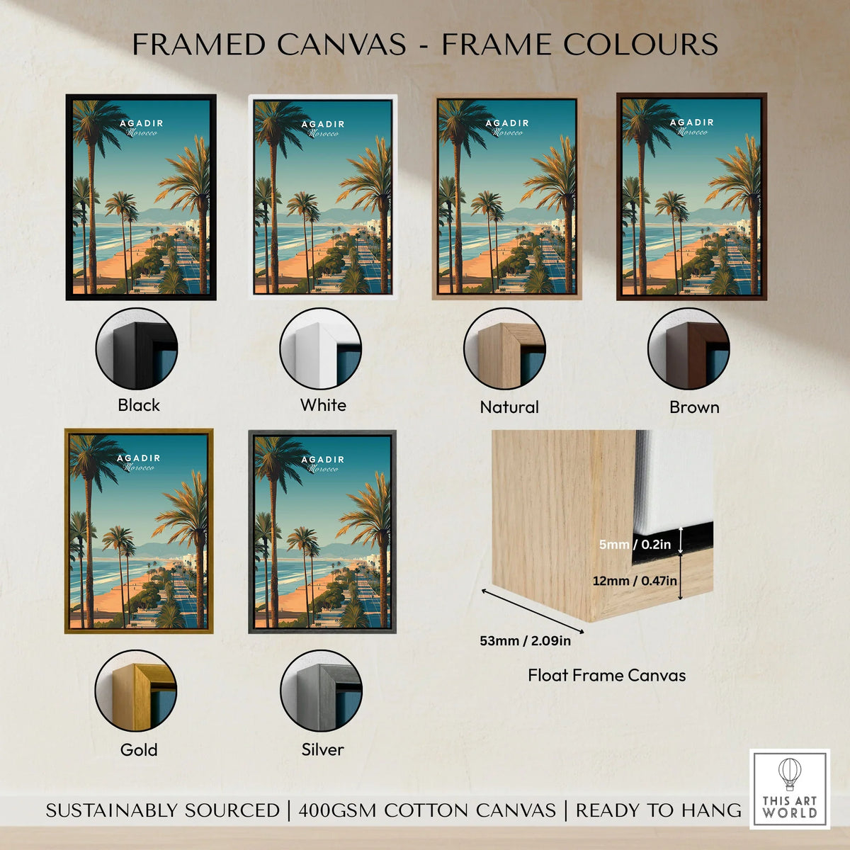 Agadir Travel Poster Print Morocco - Palm Trees framed canvas float frame colour options: black, white, natural, brown, gold and silver