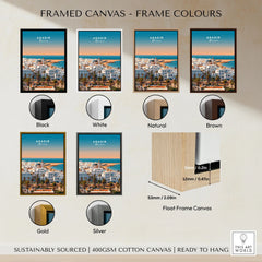 Agadir Travel Poster – City Skyline framed canvas float frame colour options: black, white, natural, brown, gold and silver