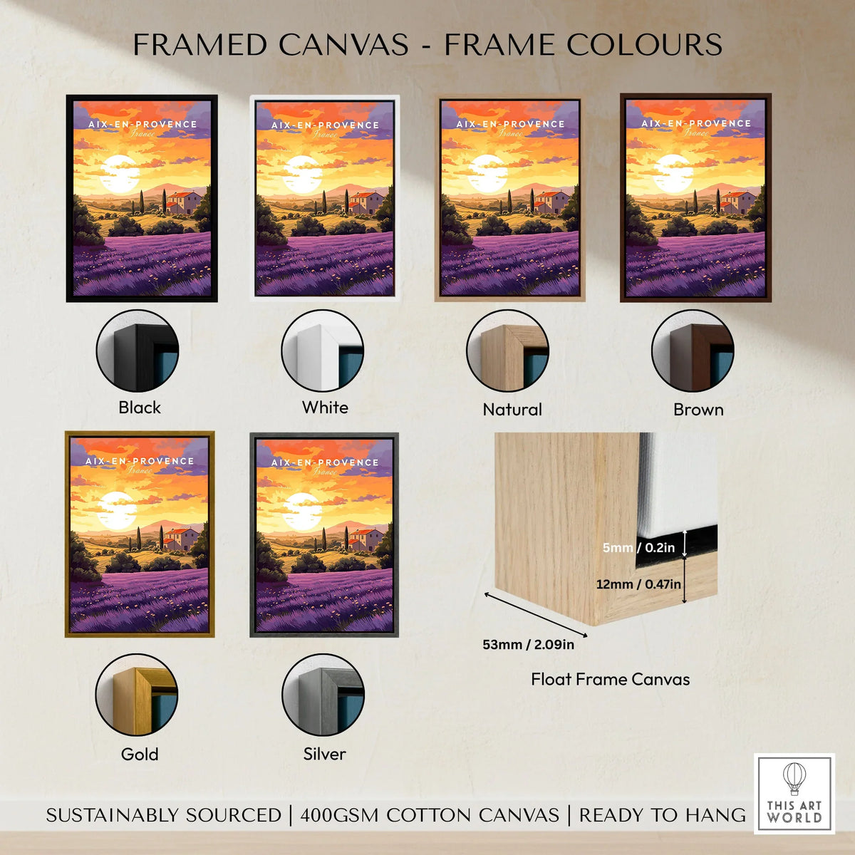 Aix-en-Provence Print framed canvas float frame colour options: black, white, natural, brown, gold and silver