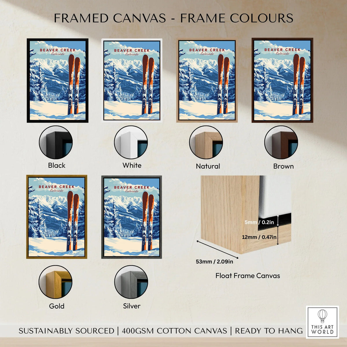 Beaver Creek Colorado Ski Poster - Rocky Mountain Winter Art Print framed canvas float frame colour options: black, white, natural, brown, gold and silver