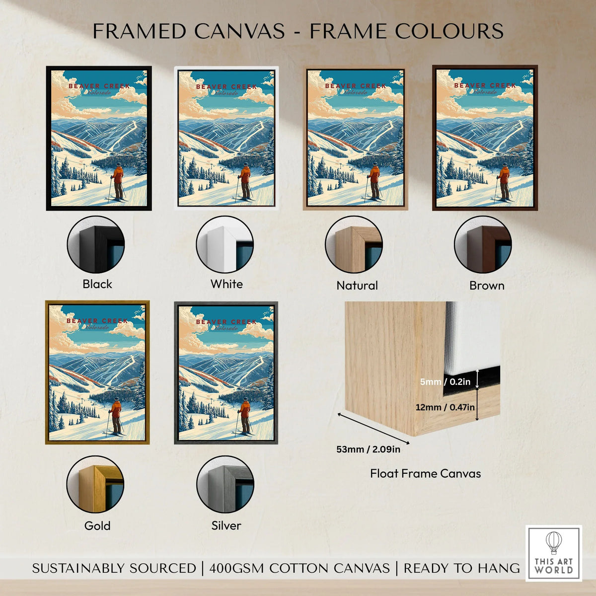 Beaver Creek Colorado Mountain View Ski Print - Scenic Slope Wall Art framed canvas float frame colour options: black, white, natural, brown, gold and silver