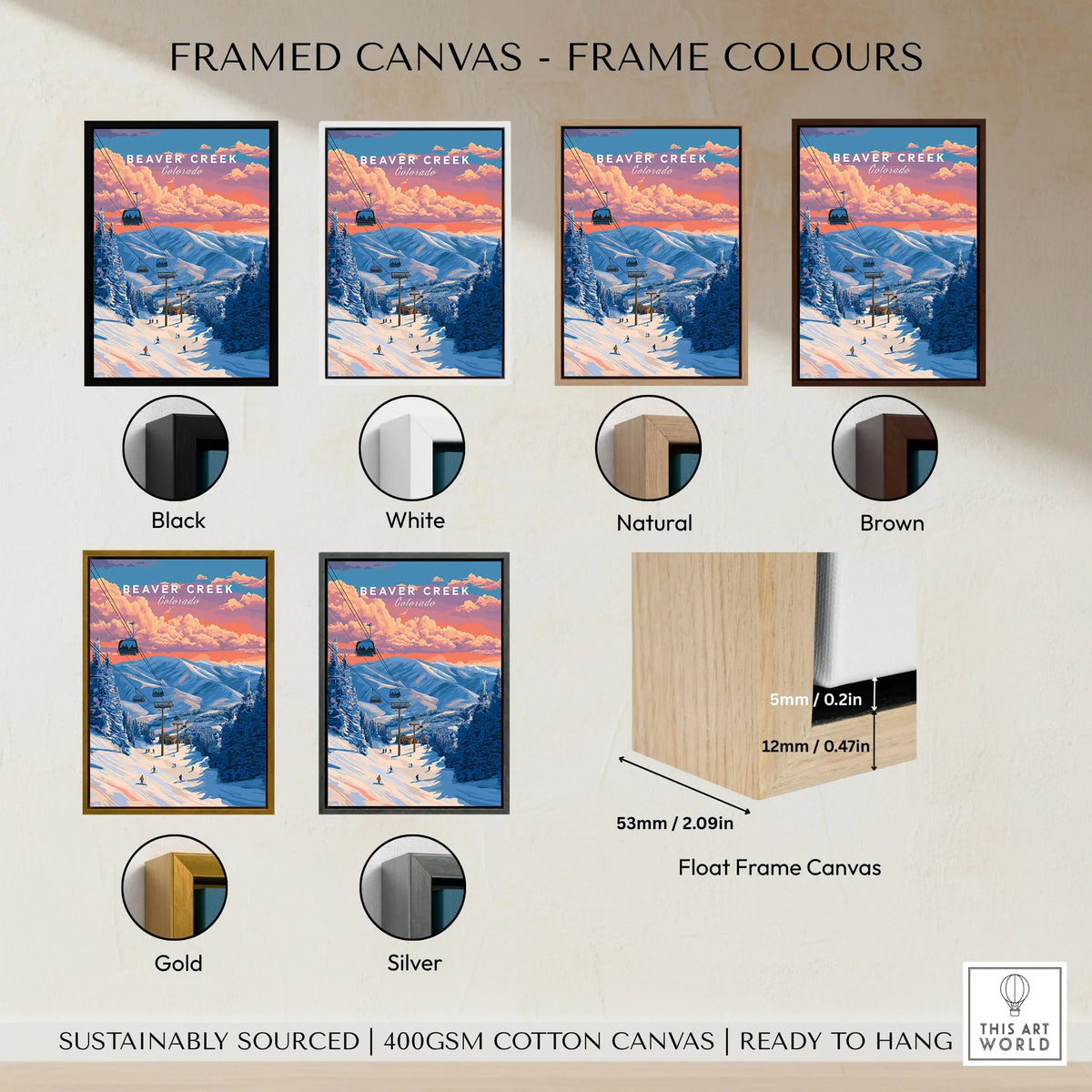 Beaver Creek Colorado Ski Lift Sunset Print - Mountain Gondola Wall Art framed canvas float frame colour options: black, white, natural, brown, gold and silver