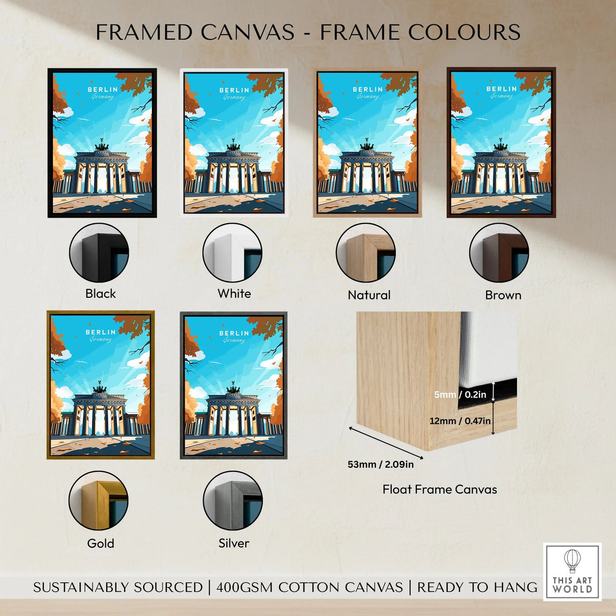 Berlin Poster Blue Sky framed canvas float frame colour options: black, white, natural, brown, gold and silver