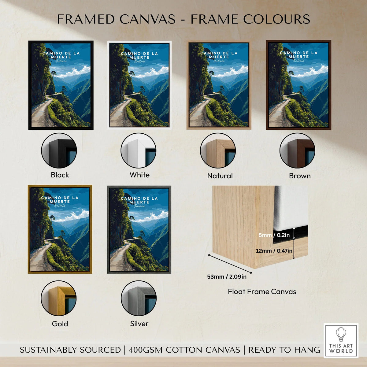 Camino de la Muerte Poster Bolivia Wall Art framed canvas float frame colour options: black, white, natural, brown, gold and silver