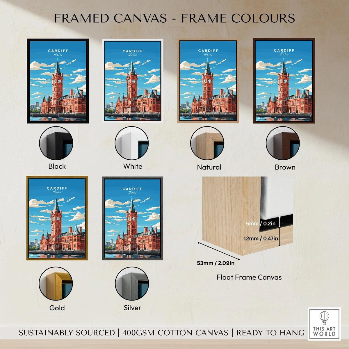 Cardiff Travel Poster framed canvas float frame colour options: black, white, natural, brown, gold and silver