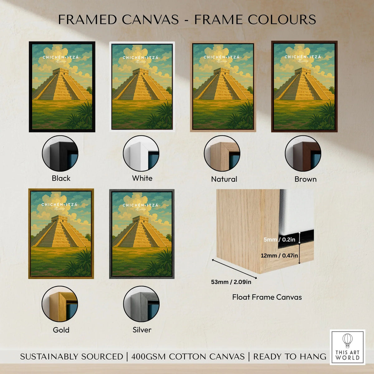 Chichén Itzá Mexico El Castillo Pyramid Travel Print Mayan Landscape Poster Wall Art framed canvas float frame colour options: black, white, natural, brown, gold and silver