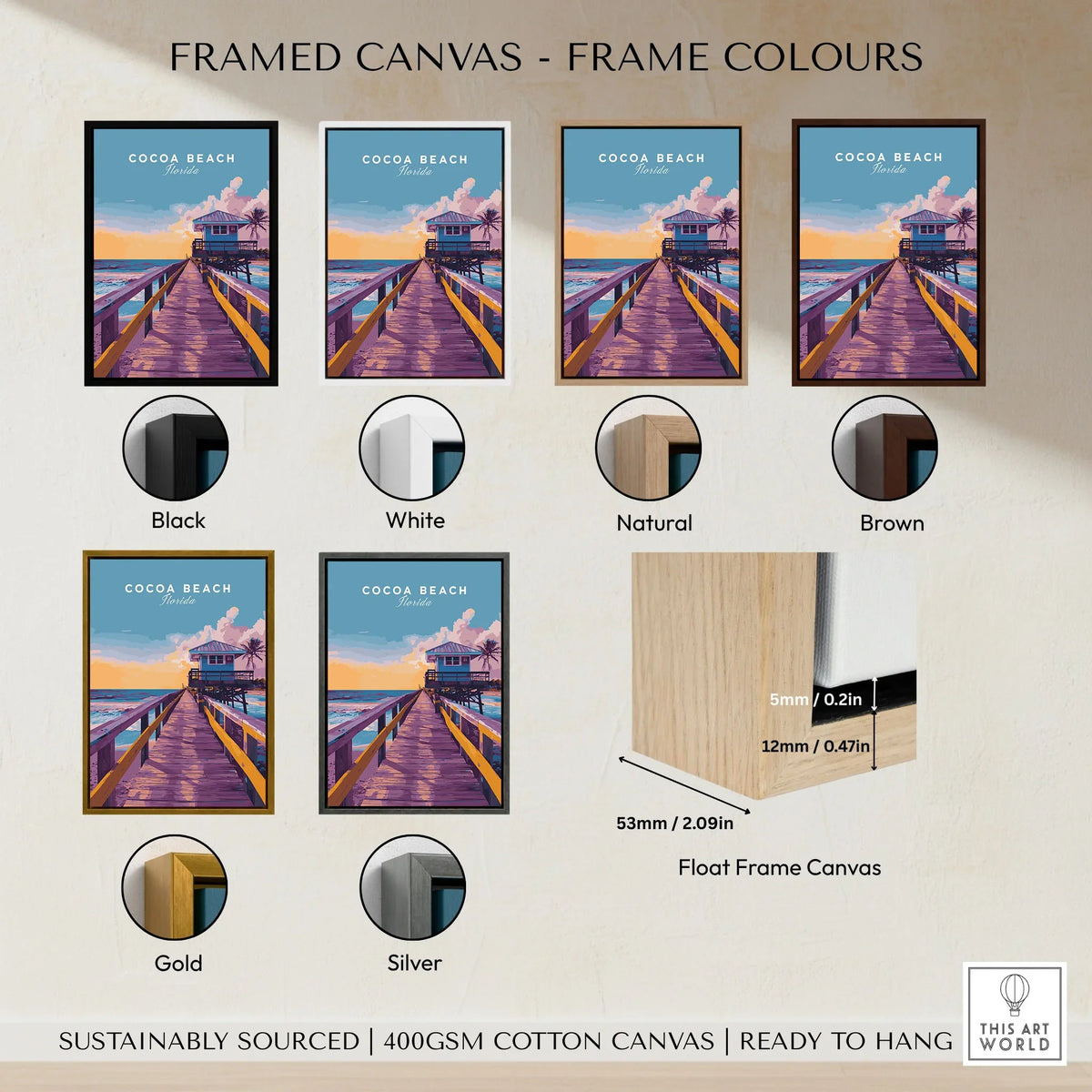Cocoa Beach Boardwalk Print - Florida Sunset Wall Art framed canvas float frame colour options: black, white, natural, brown, gold and silver