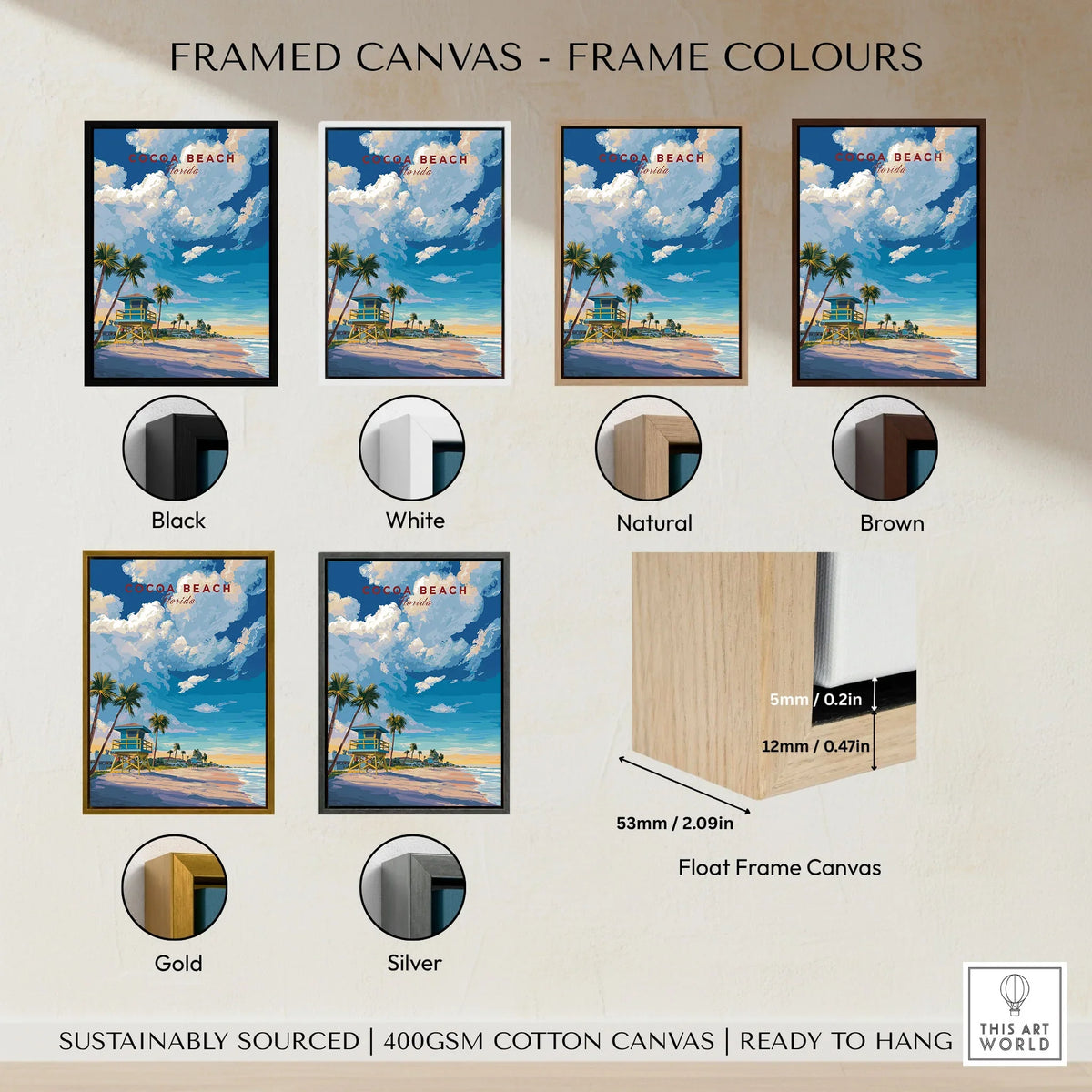 Cocoa Beach Lifeguard Tower Poster - Palm Tree Beach Wall Art framed canvas float frame colour options: black, white, natural, brown, gold and silver