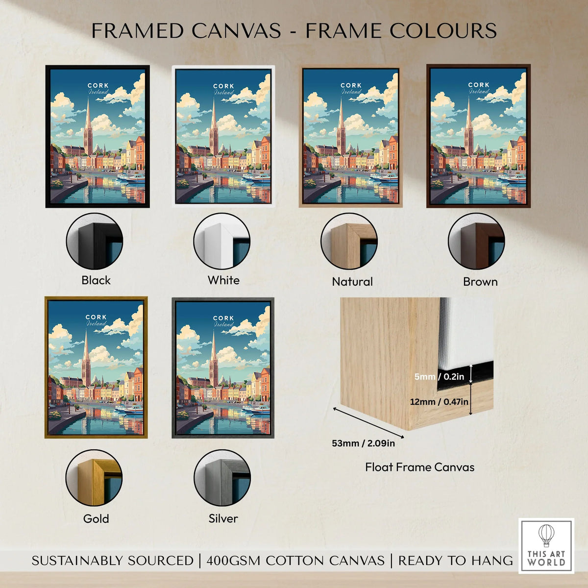 Cork City Ireland Print framed canvas float frame colour options: black, white, natural, brown, gold and silver