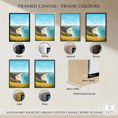 Cornwall Poster framed canvas float frame colour options: black, white, natural, brown, gold and silver