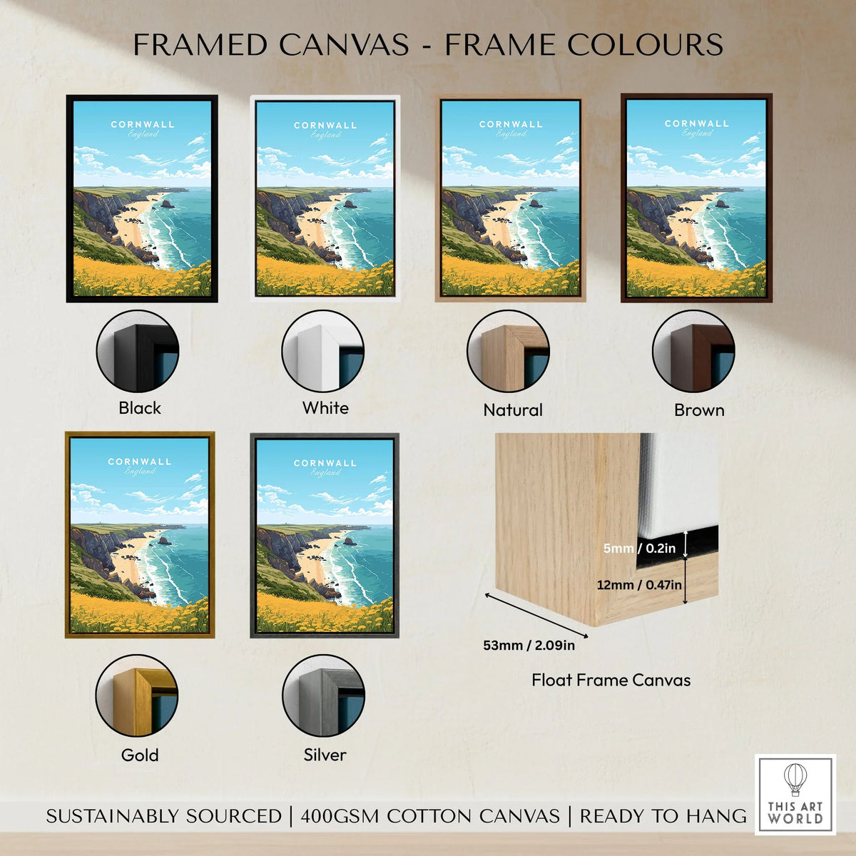 Cornwall Poster framed canvas float frame colour options: black, white, natural, brown, gold and silver