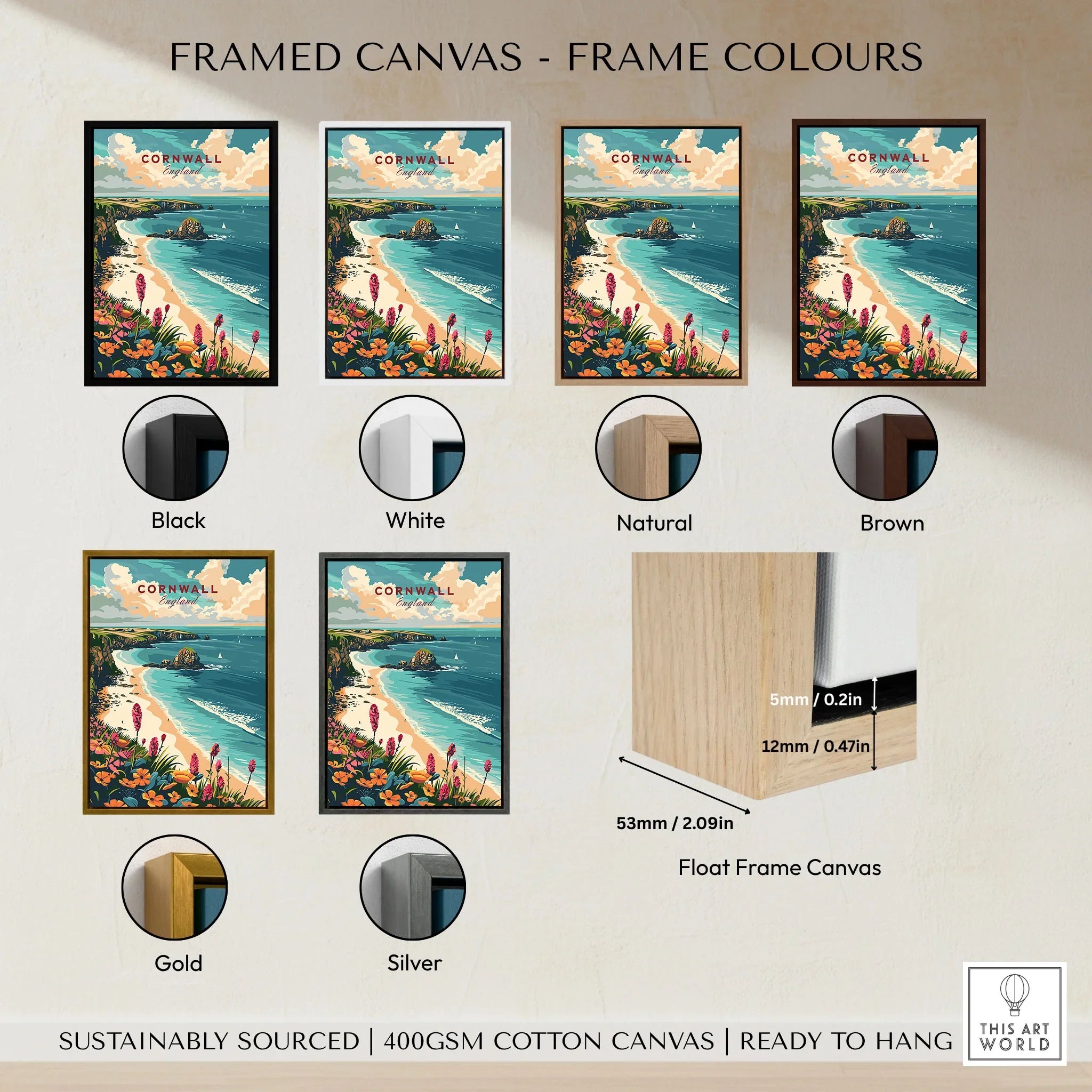 Cornwall Wall Art Print - United Kingdom Travel Poster framed canvas float frame colour options: black, white, natural, brown, gold and silver