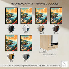 Cornwall Travel Print framed canvas float frame colour options: black, white, natural, brown, gold and silver