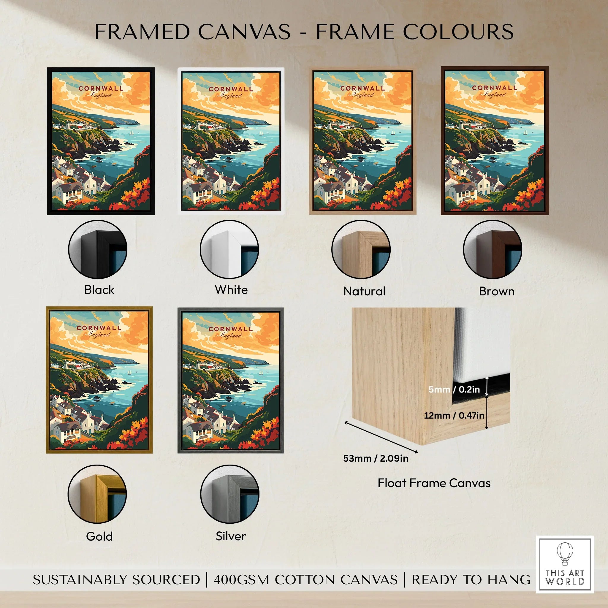 Cornwall Travel Print framed canvas float frame colour options: black, white, natural, brown, gold and silver