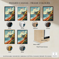 Cornwall Coast Travel Print framed canvas float frame colour options: black, white, natural, brown, gold and silver