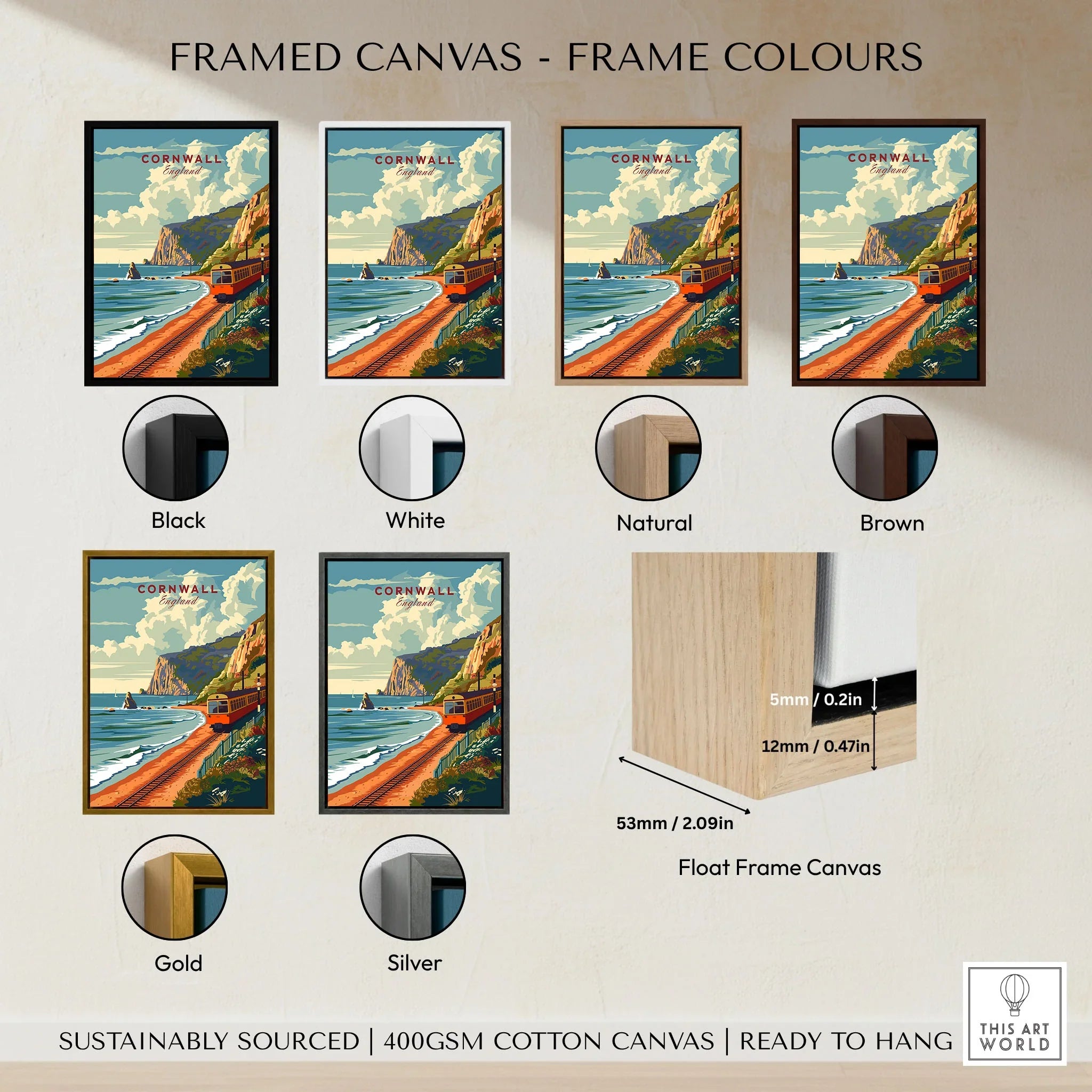 Cornwall Coast Travel Print framed canvas float frame colour options: black, white, natural, brown, gold and silver