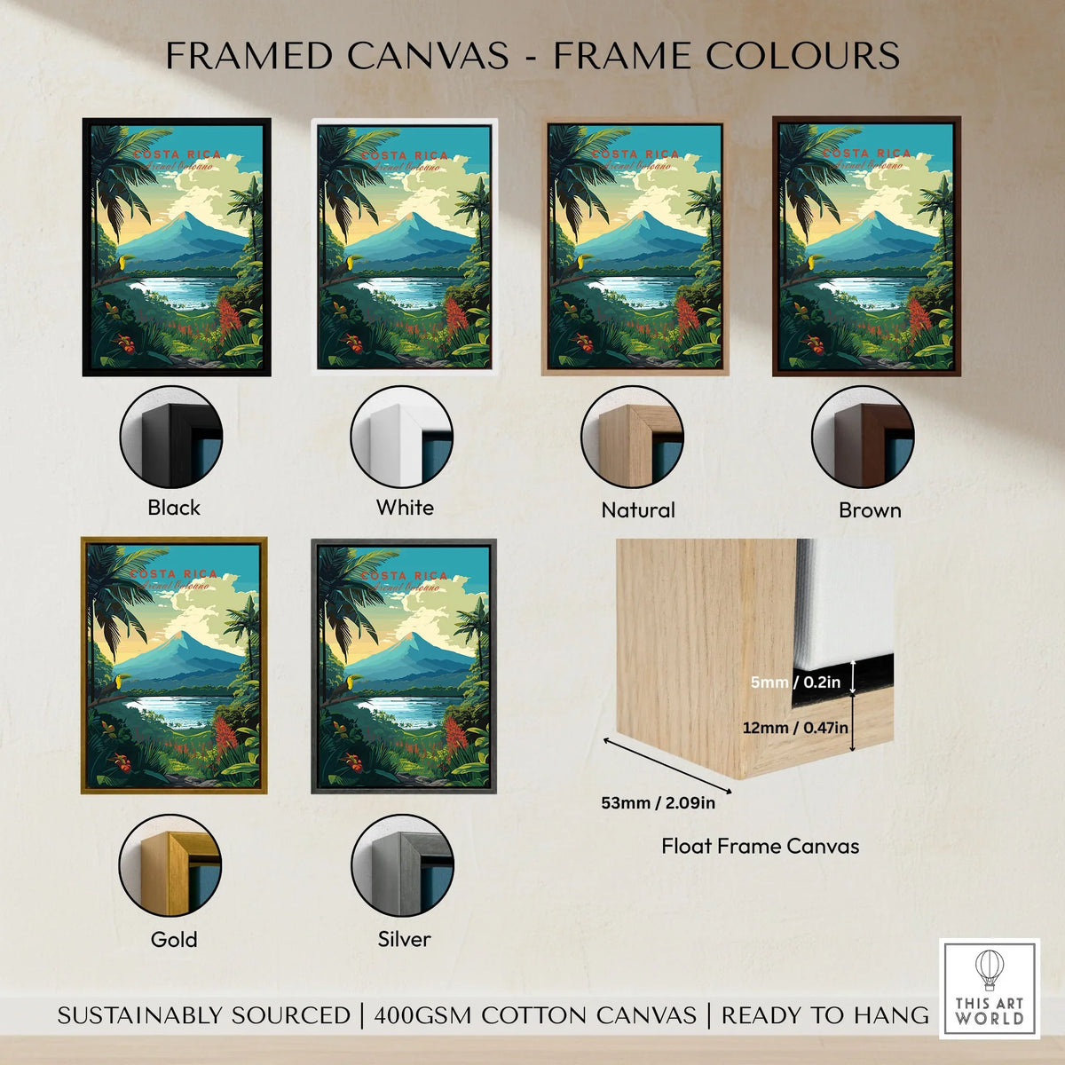 Costa Rica Print framed canvas float frame colour options: black, white, natural, brown, gold and silver