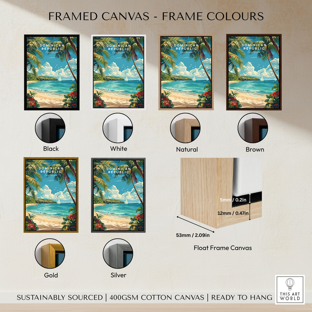 Dominican Republic Travel Print framed canvas float frame colour options: black, white, natural, brown, gold and silver