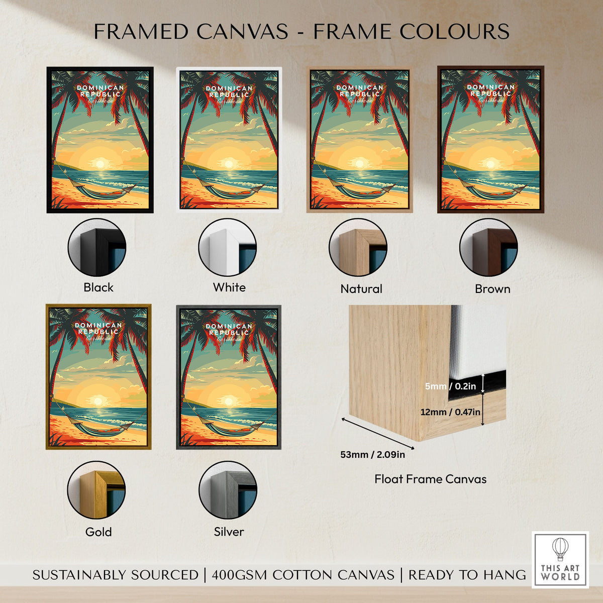 Dominican Republic Travel Poster framed canvas float frame colour options: black, white, natural, brown, gold and silver